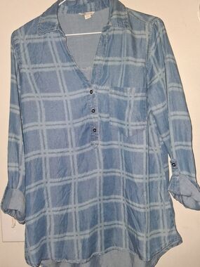Cato Light Blue Plaid Henley Blouse